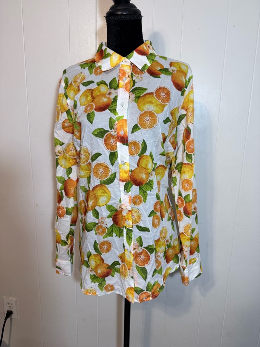 Talbots White Long-Sleeve Button-Up Shirt with Orange and Green Citrus Print